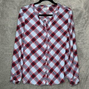 Elle S Small Shirt Top Blue Red Plaid Long Sleeve V Neck Button Up Womens